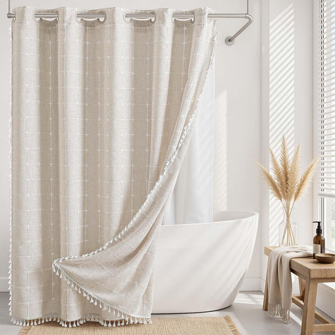 River Dream front view showing full linen curtain and tassels for stylish bath