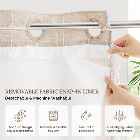 River Dream curtain installed in bathroom offering cozy farmhouse ambiance