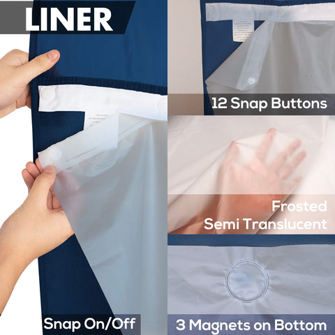 River Dream curtain in bathroom lifestyle creating polished, low-maintenance space