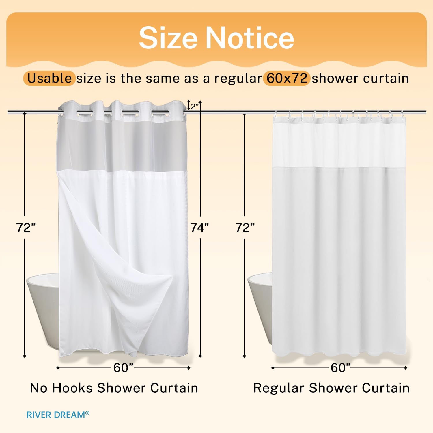 River Dream curtain on rod with scale comparison showing full 60x74 fit