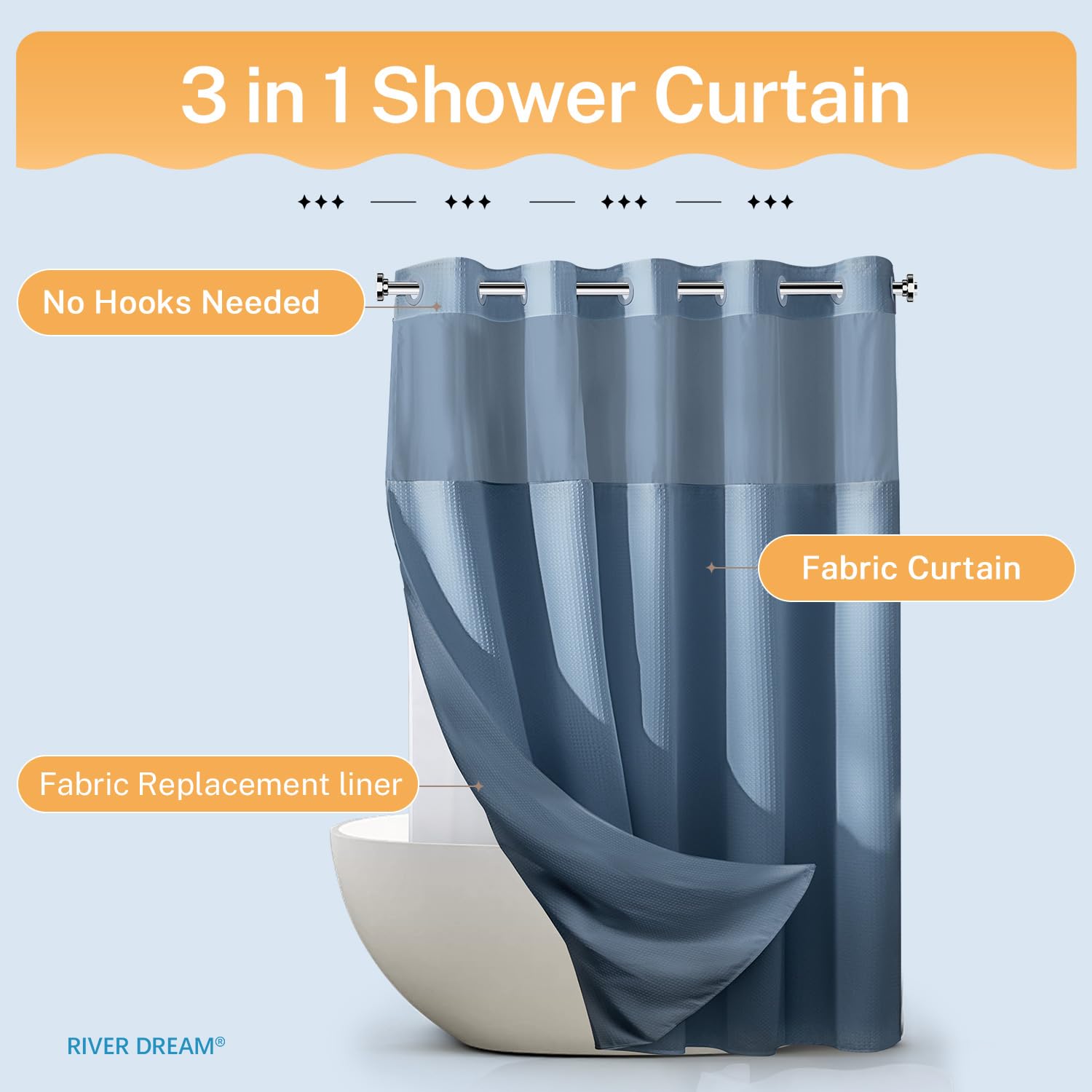 River Dream curtain beside ruler showing dimensions for fit confirmation benefit