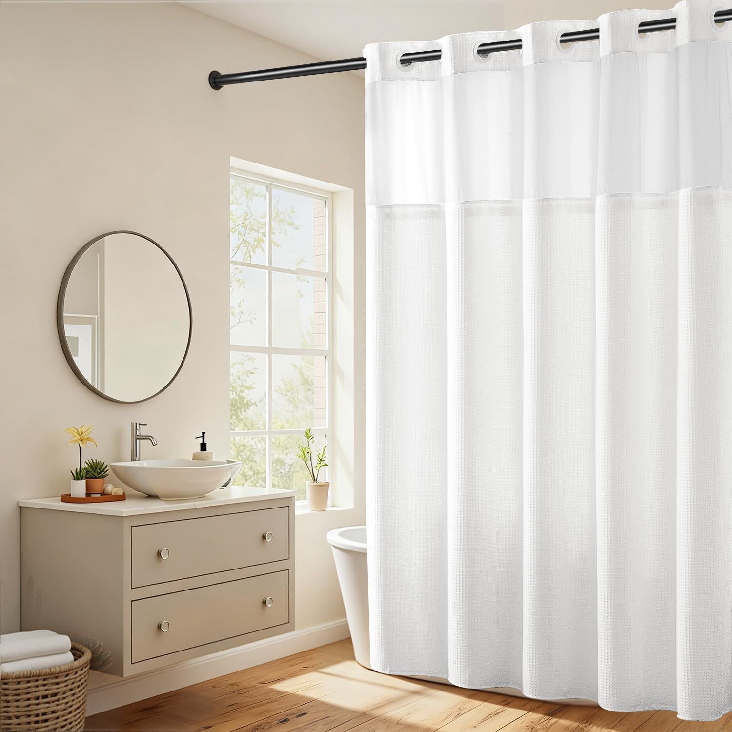 RiverDream front view of white waffle curtain set showing clean hotel look and durability