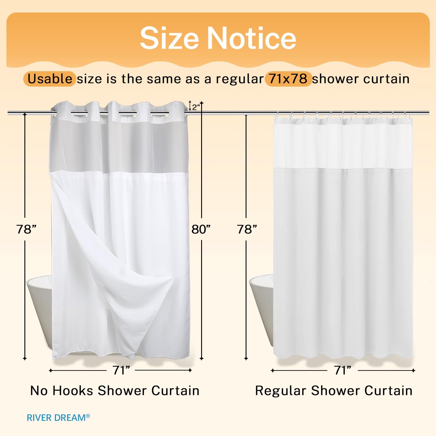 RiverDream curtain length shown against tub for accurate sizing and full coverage