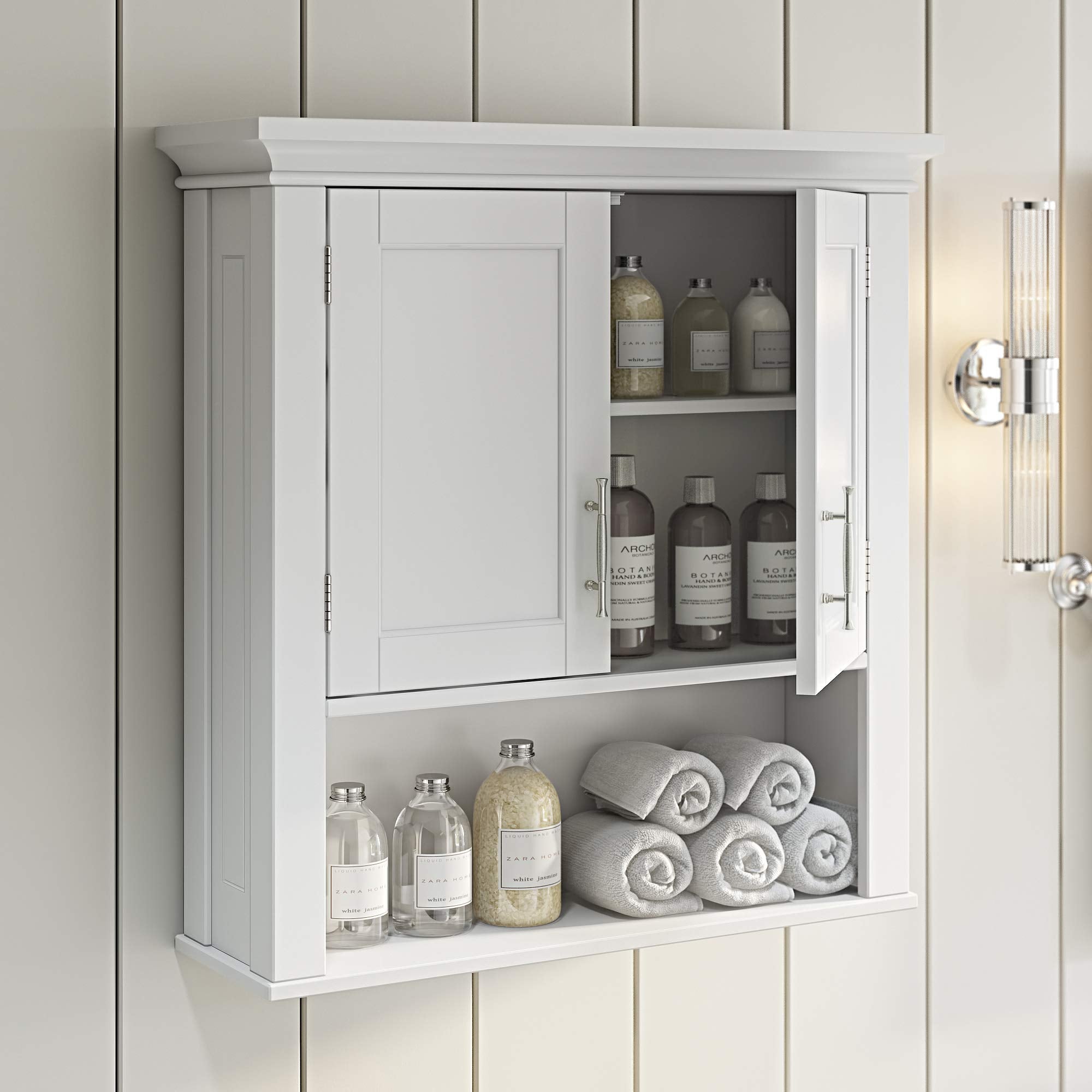 RiverRidge cabinet with doors open revealing adjustable interior shelves for organization
