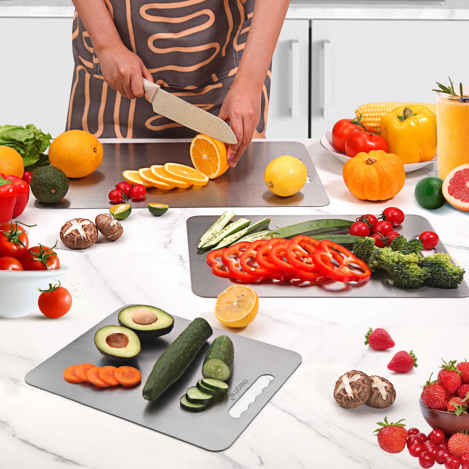 riwome cutting board in use chopping vegetables to show durability and easy cleanup