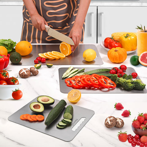 riwome cutting board in use chopping vegetables to show durability and easy cleanup