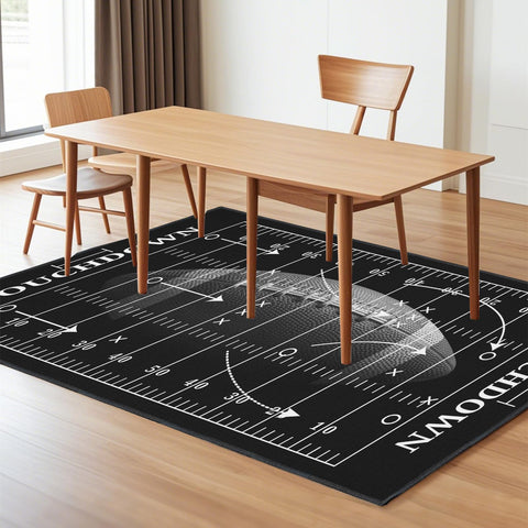 Rnmdn rug placed near sofa in game room creating a fun focal point