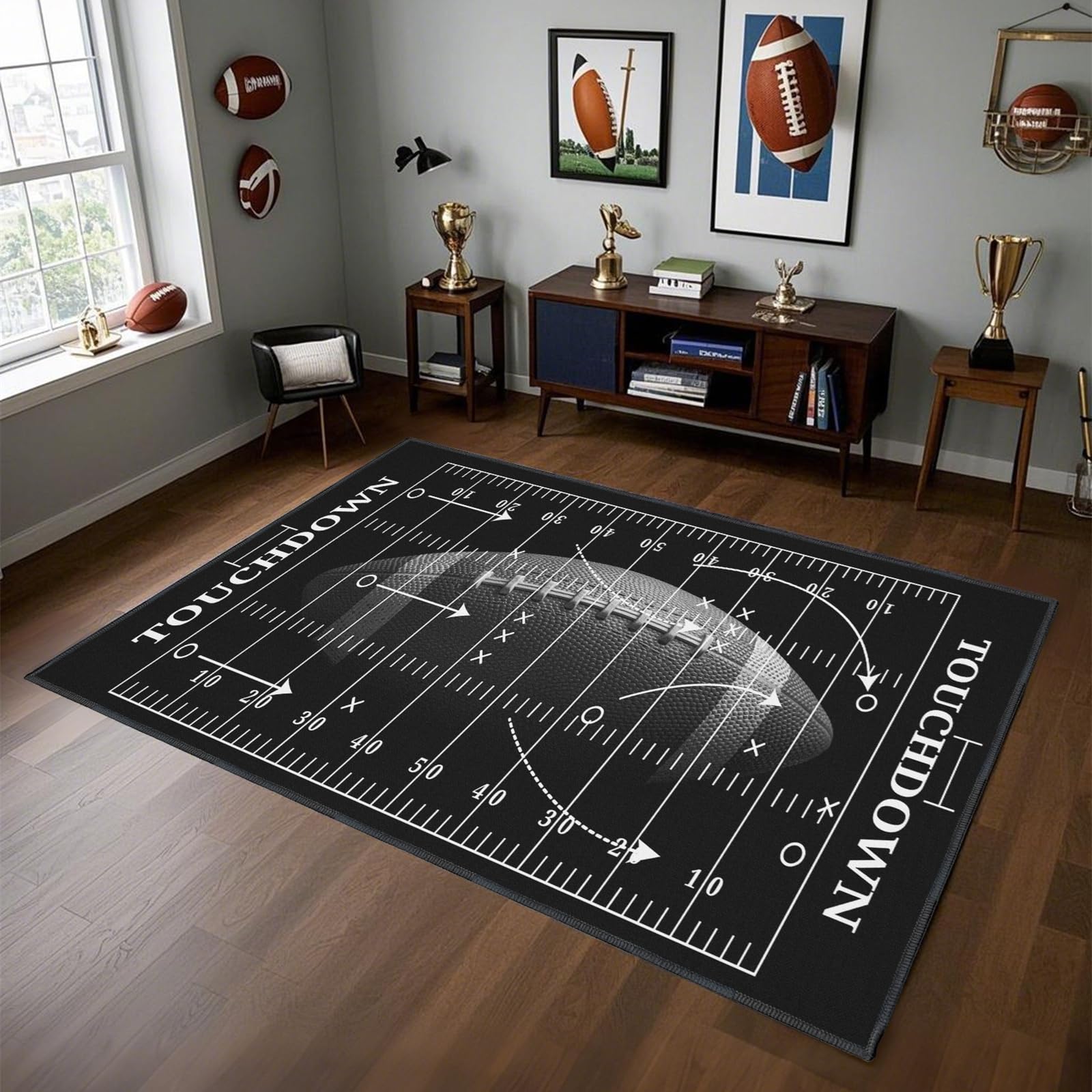 Rnmdn rug styled in a bedroom adding sporty decor and youthful energy