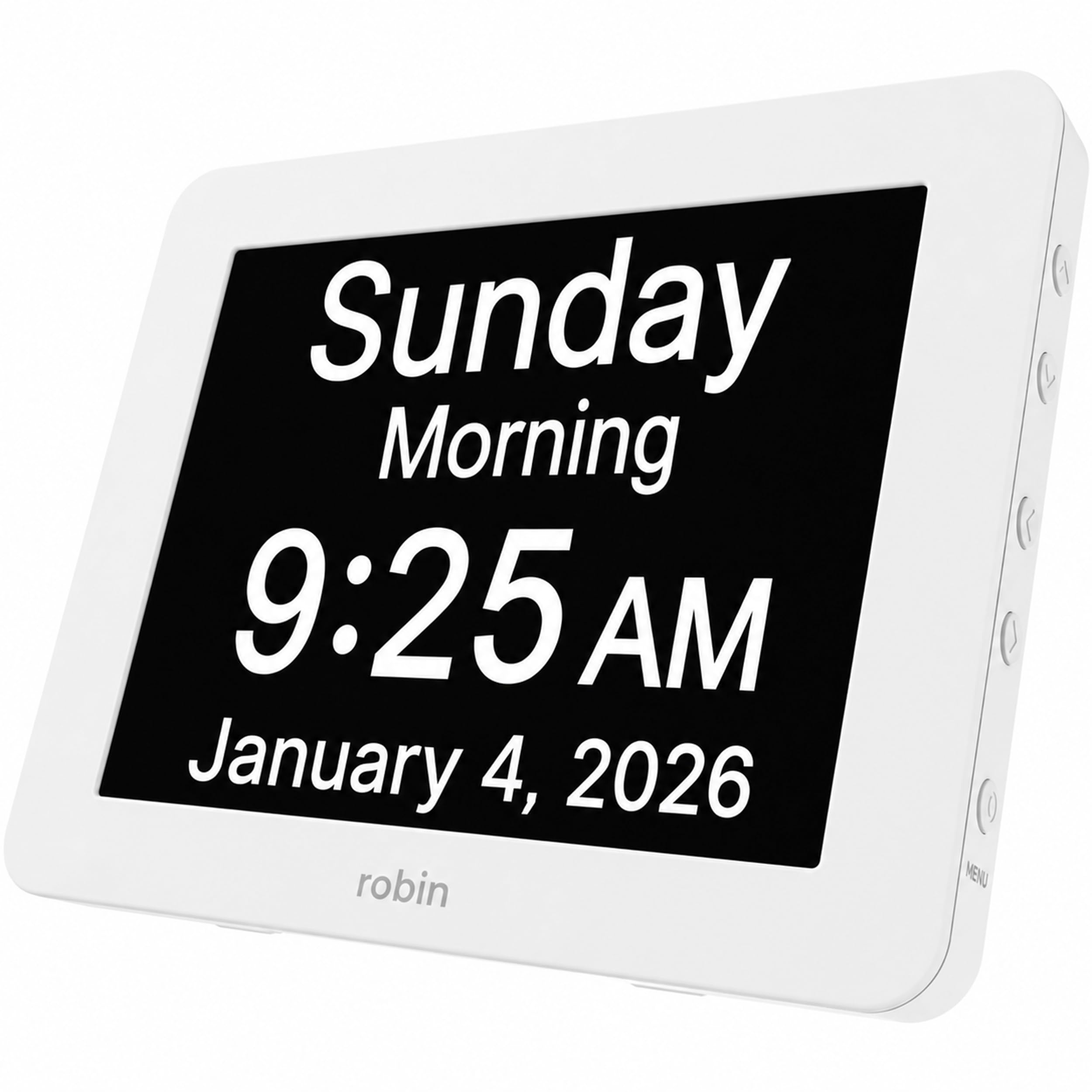 Robin front display showing large date and time for easy reading