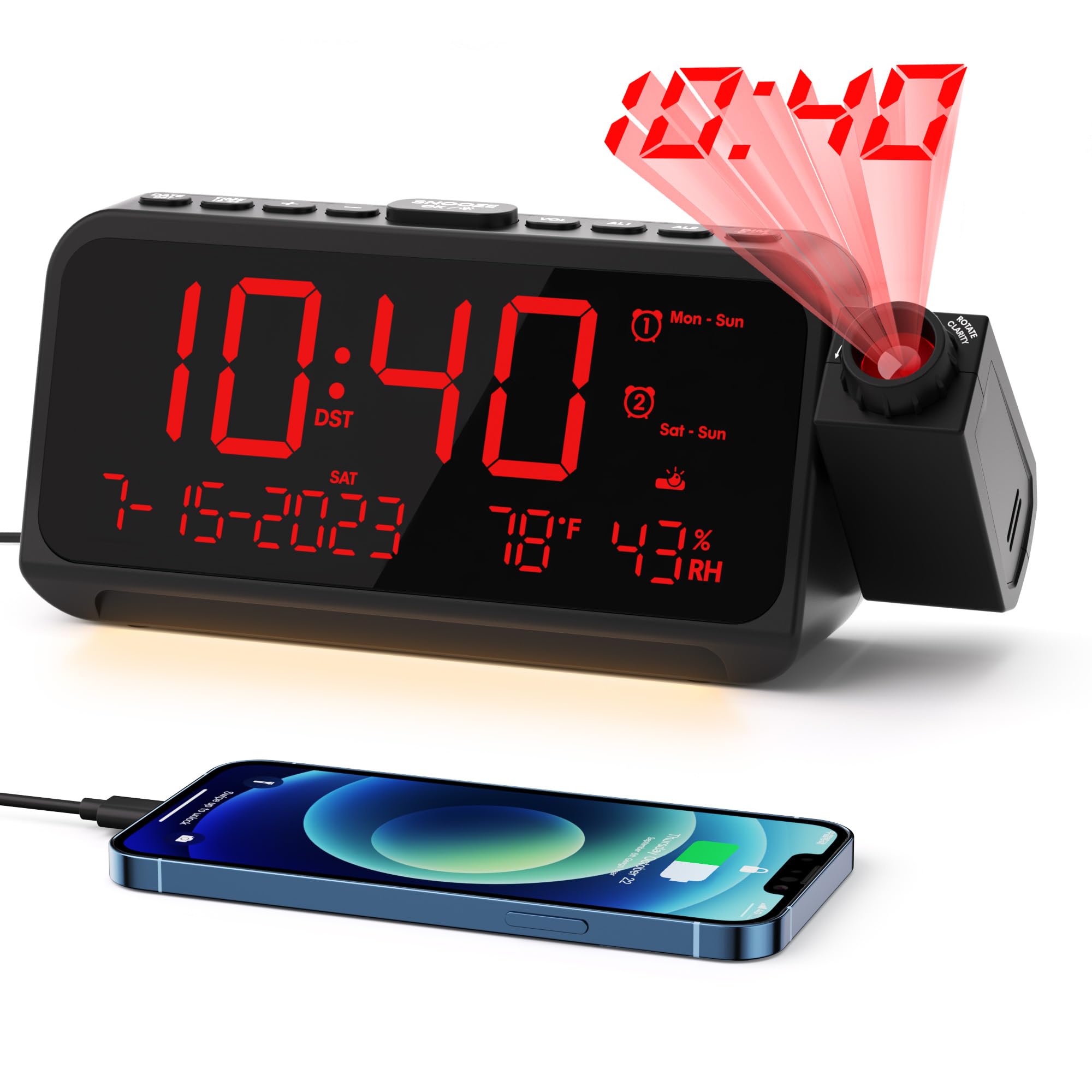 ROCAM front display showing clear time and date for easy bedside reading