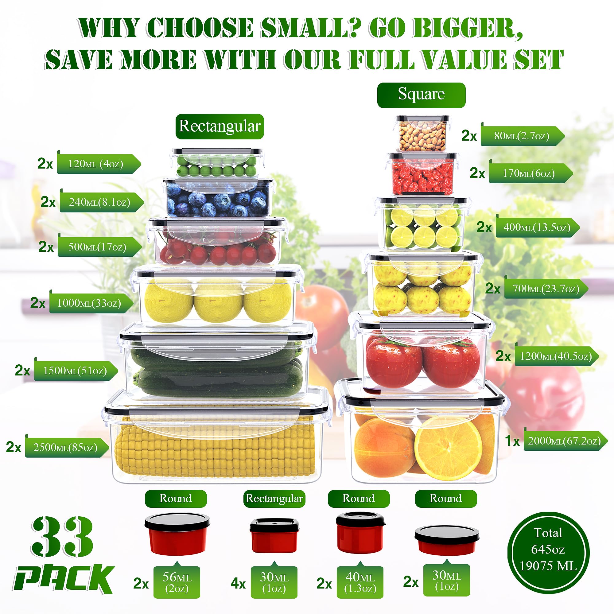 RockBerry rectangular containers arranged to show size variety for meal prep