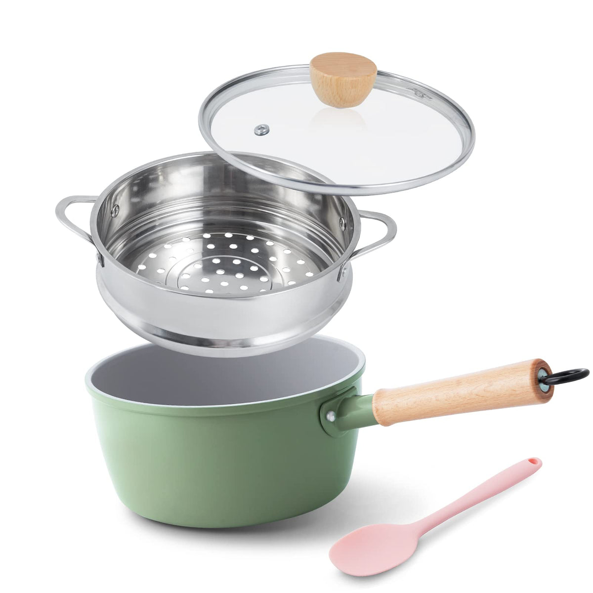 ROCKURWOK green saucepan front view showing compact design and easy storage benefit