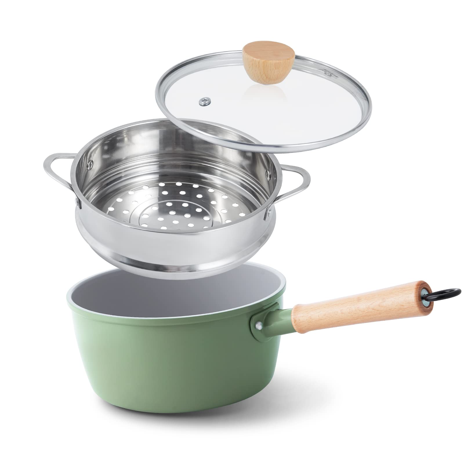 ROCKURWOK front view green saucepan showing compact design and lid for versatile cooking