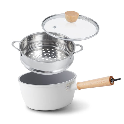 ROCKURWOK front view of white 3 QT saucepan showing modern design and versatility
