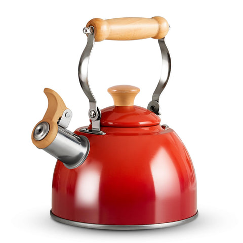 ROCKURWOK red kettle front view showcasing compact design and bright finish