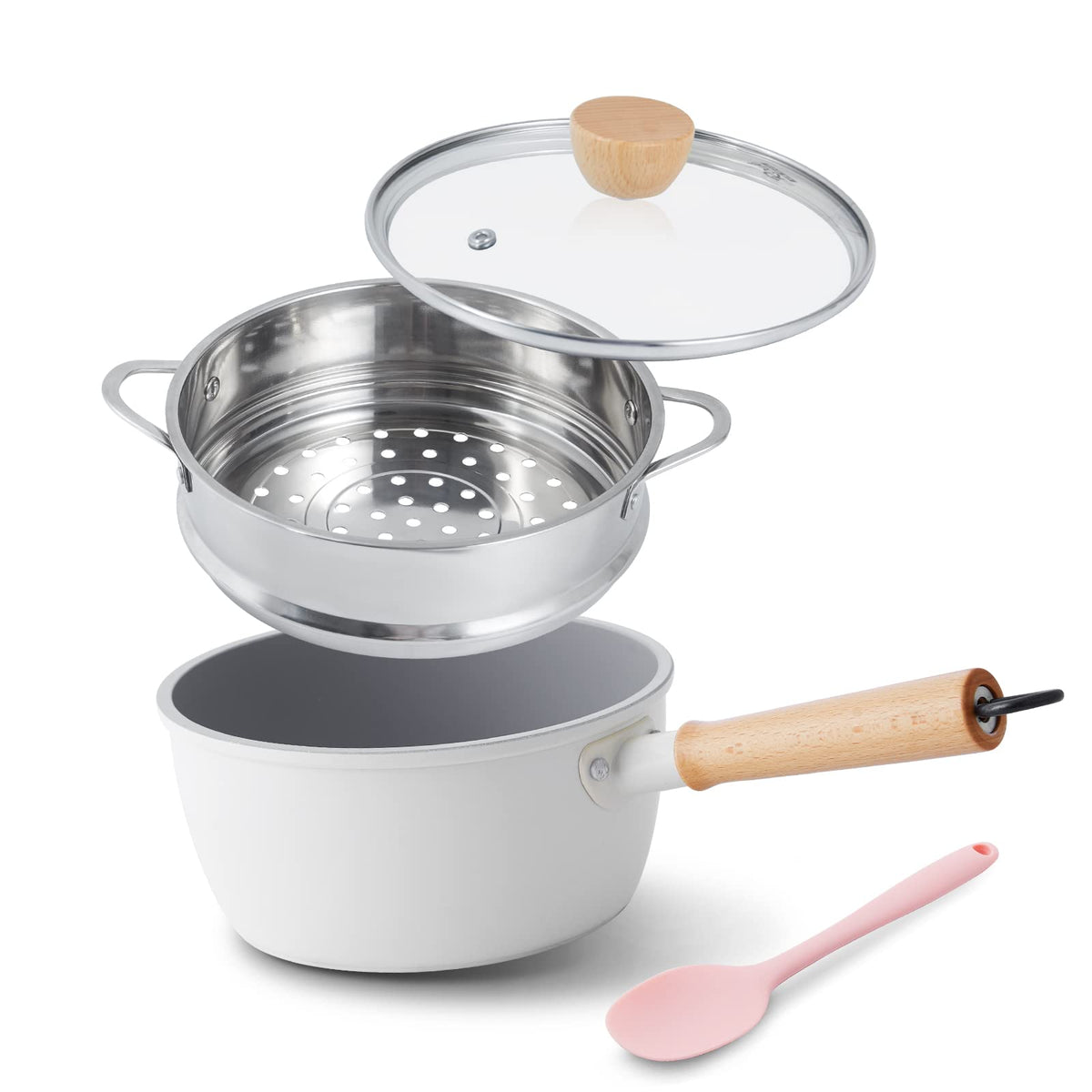 ROCKURWOK front view of white 2‑quart saucepan showing sleek ceramic finish and lid benefit: easy cleaning