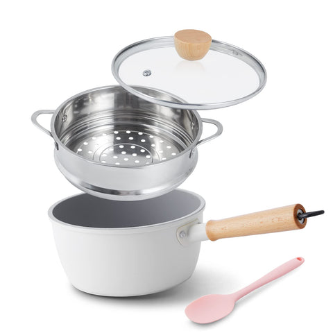 ROCKURWOK front view of white 2‑quart saucepan showing sleek ceramic finish and lid benefit: easy cleaning
