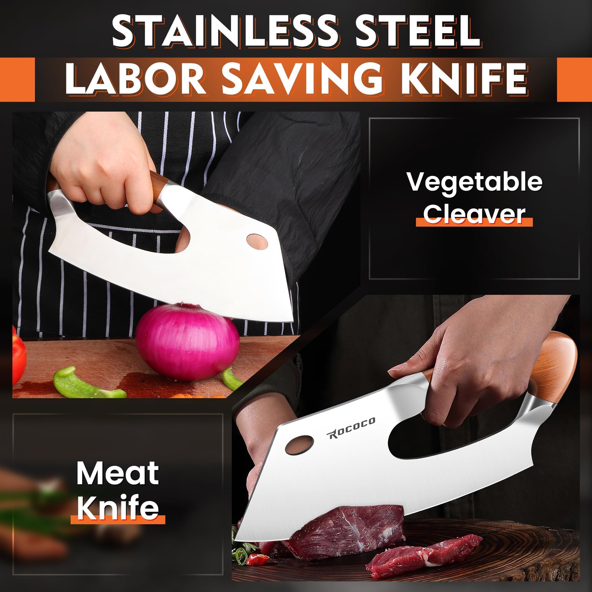 ROCOCO blade close-up highlighting 15° V-edge and sharp cutting benefit