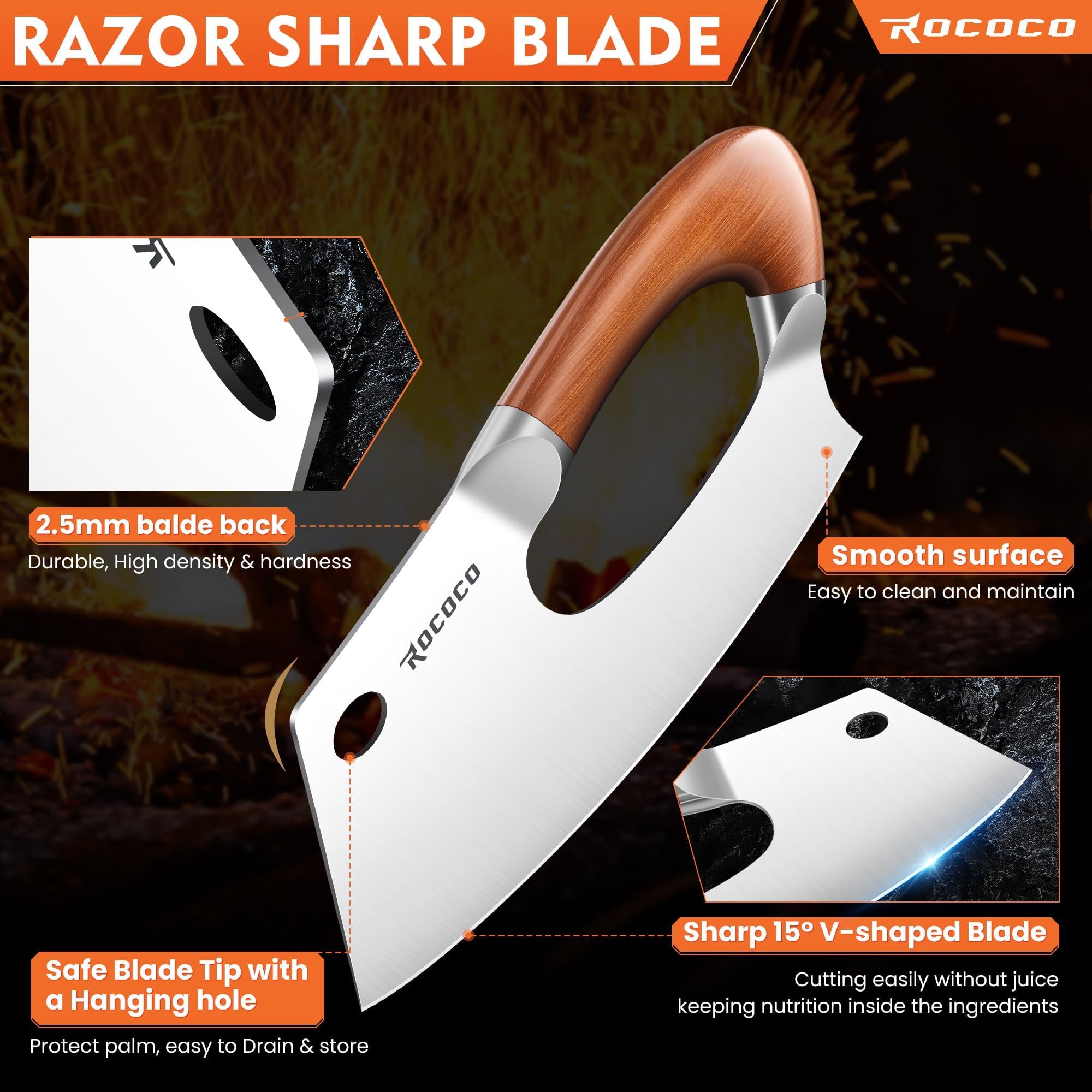 ROCOCO cleaver slicing meat cleanly for precise portioning benefit