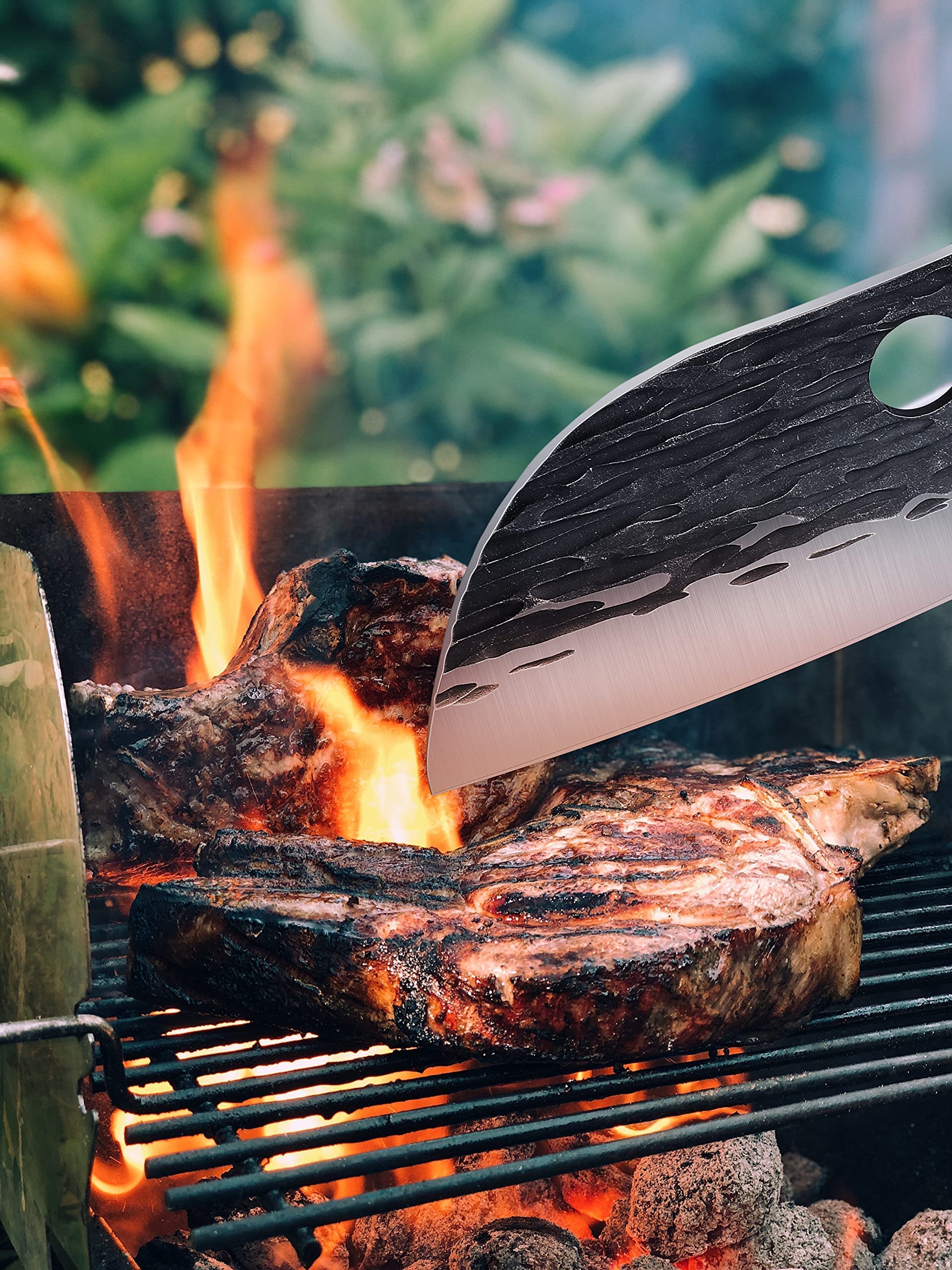 ROCOCO cleaver on outdoor grill table showing portability and rugged use
