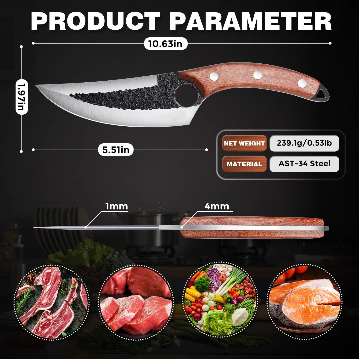 ROCOCO three knives arranged on cutting board showing scale and multiuse kitchen versatility