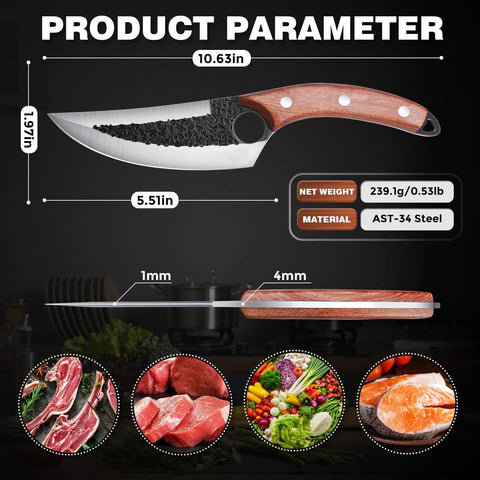 ROCOCO three knives arranged on cutting board showing scale and multiuse kitchen versatility