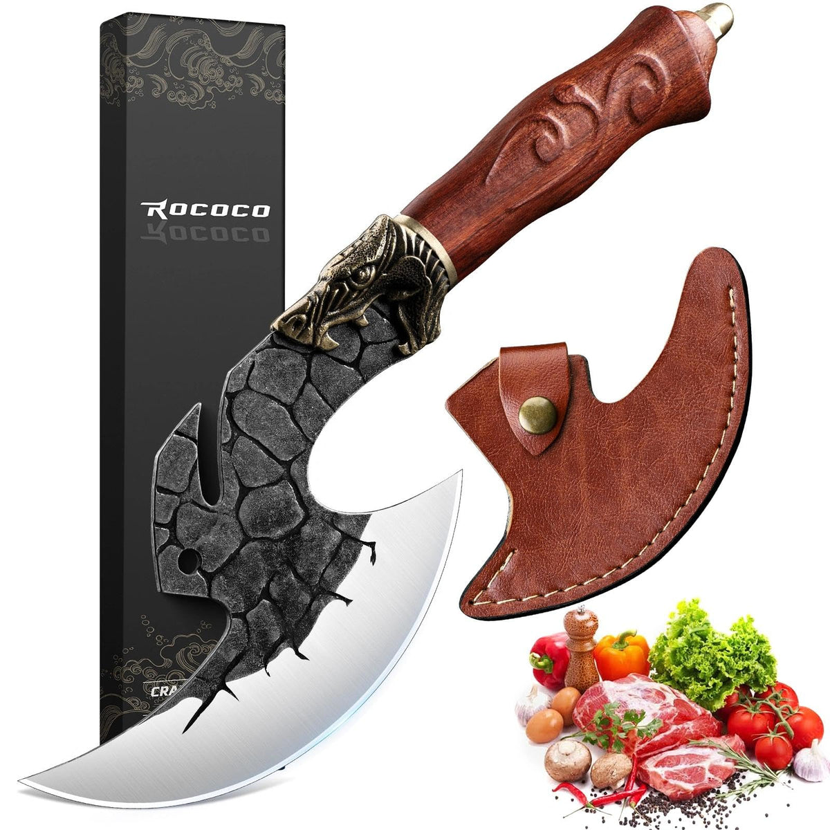 ROCOCO cleaver front view showing blade and sheath, highlights utility