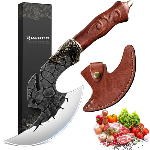 ROCOCO cleaver front view showing blade and sheath, highlights utility
