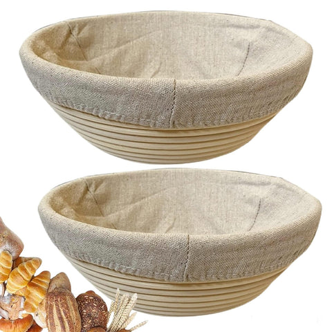 RoEsha banneton front view showing two baskets and linen liners for easy proofing