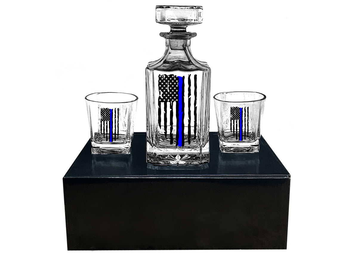 Rogue River Tactical decanter front packaging shows thin blue line flag and gift-ready presentation