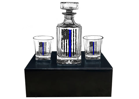 Rogue River Tactical decanter front packaging shows thin blue line flag and gift-ready presentation