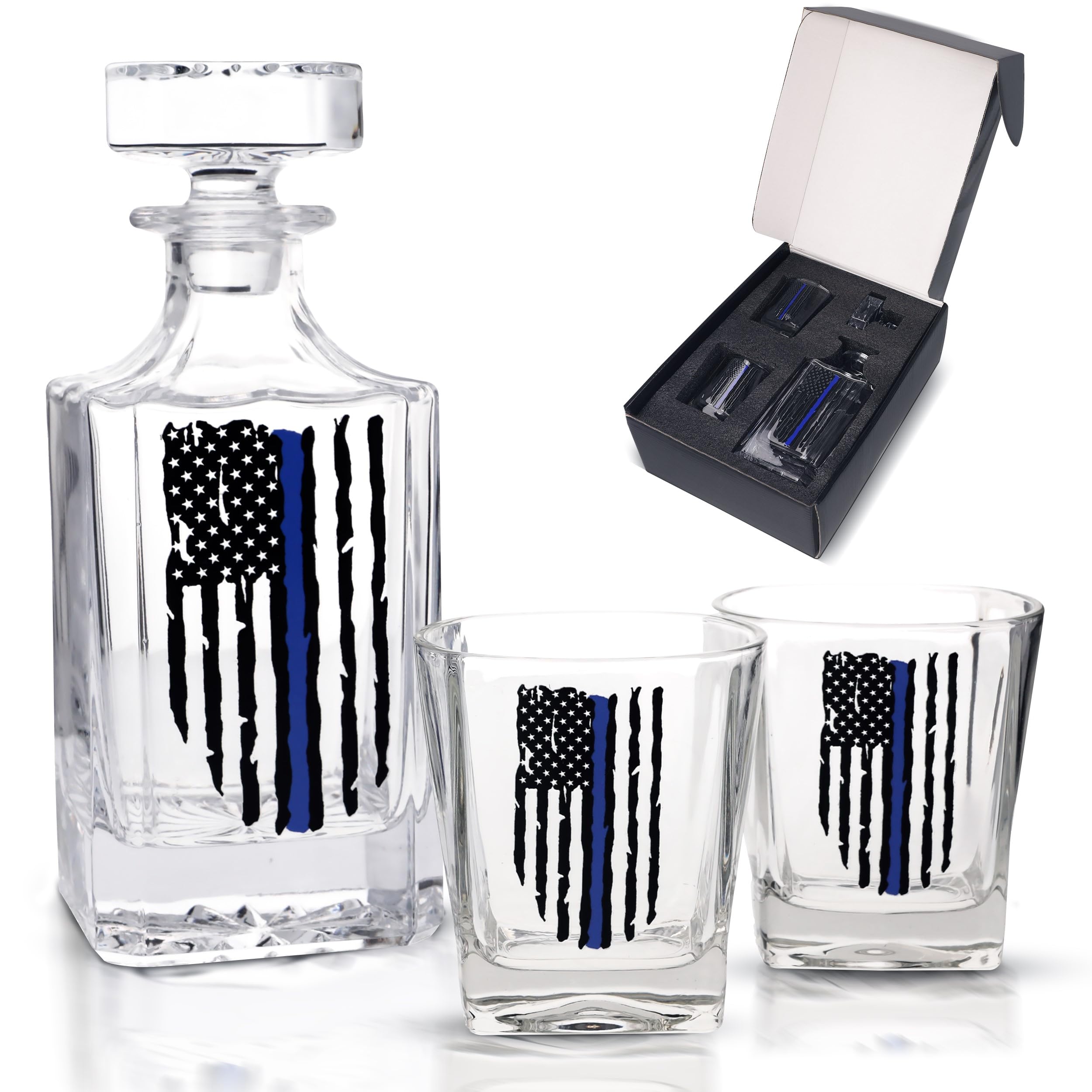 Rogue River Tactical decanter and two glasses in box demonstrating complete gift set convenience