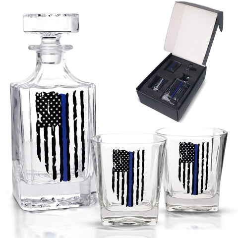 Rogue River Tactical decanter and two glasses in box demonstrating complete gift set convenience