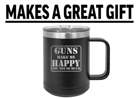 Rogue River Tactical mug beside smartphone for scale, shows 15oz capacity