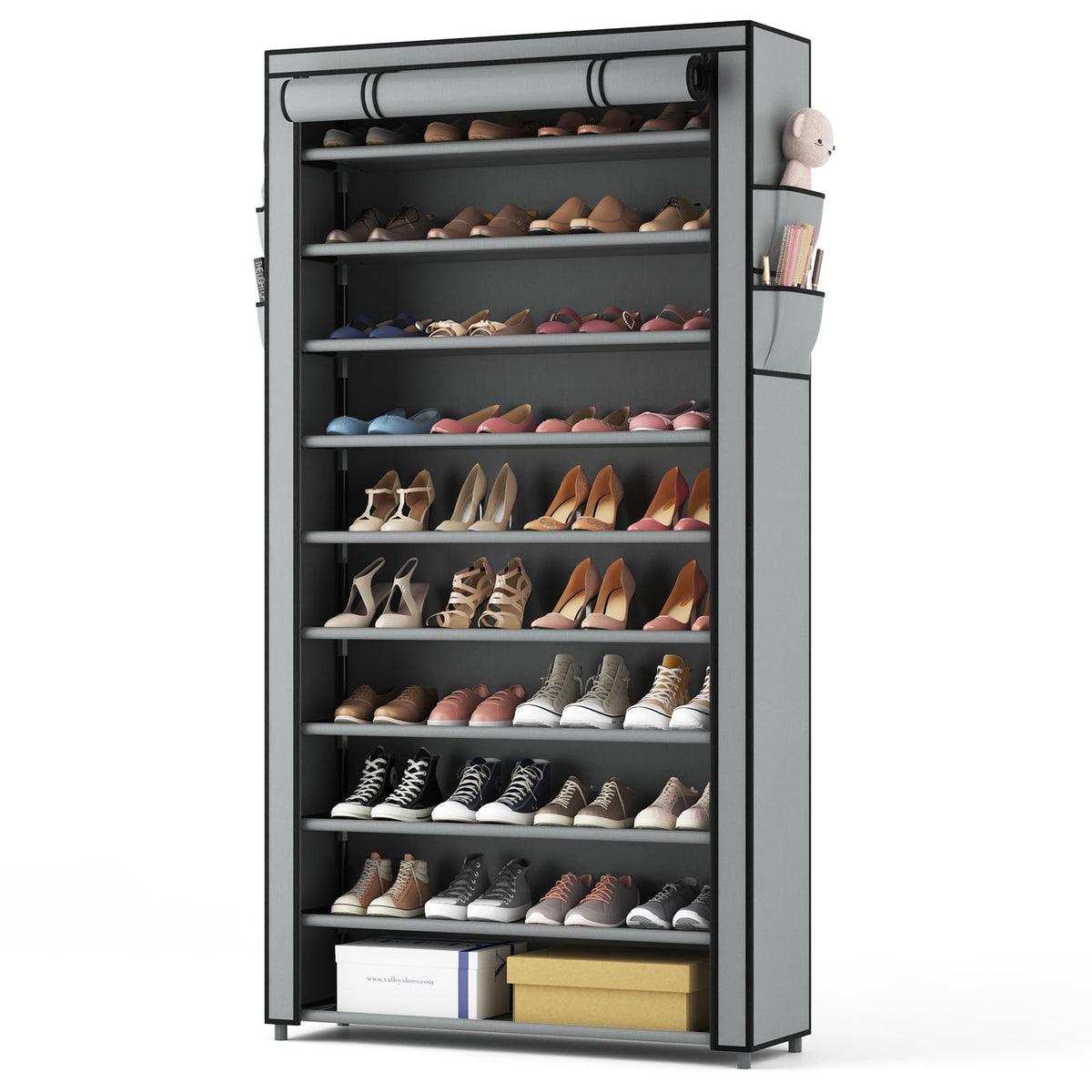 ROJASOP front view of full 10-tier rack showing compact vertical storage benefit