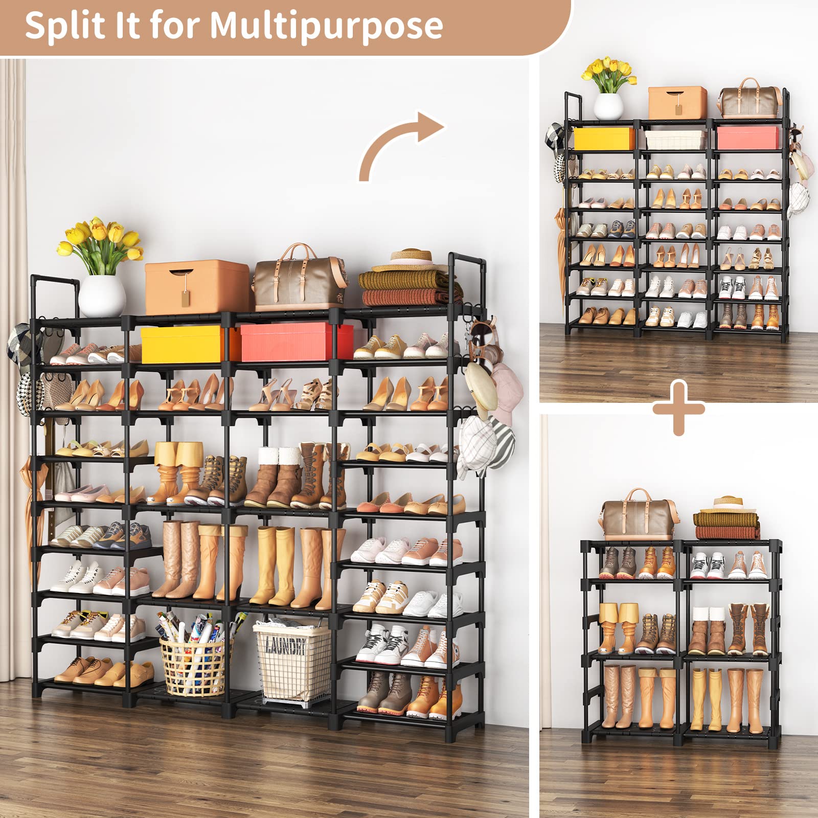 ROJASOP shoe rack storing tall boots on modified tiers illustrating flexible layout benefit