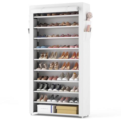 ROJASOP front view of full 10-tier rack showing neat shoe organization and capacity
