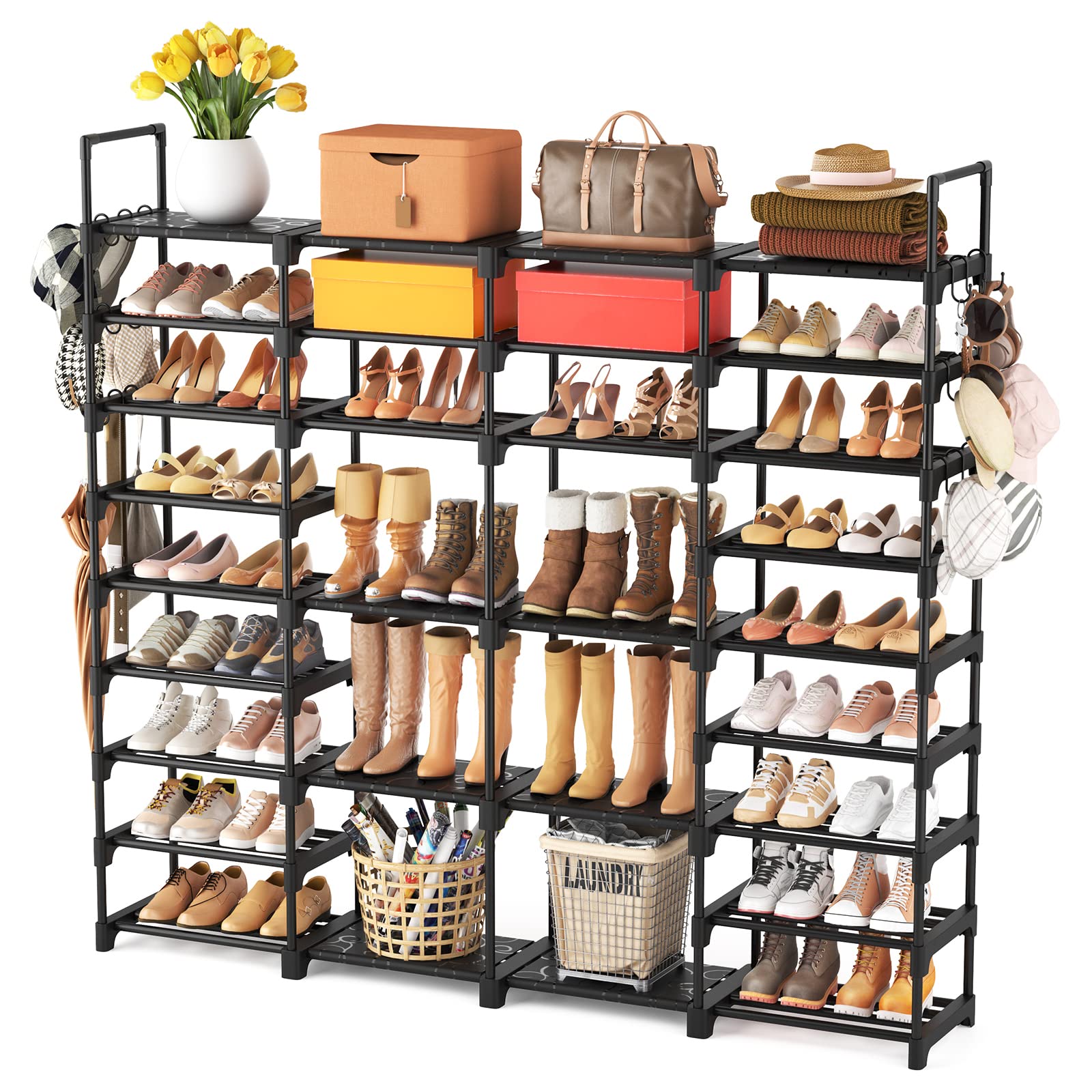 ROJASOP shoe rack staged in garage showing multi-room use and tidy storage benefit