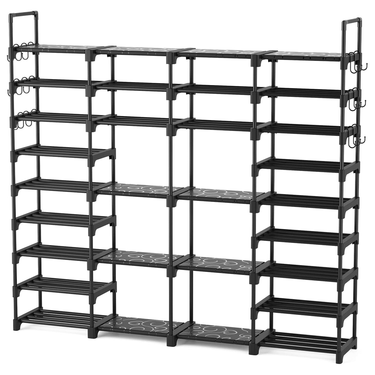 ROJASOP shoe rack front view showing full organized capacity and clear access benefit