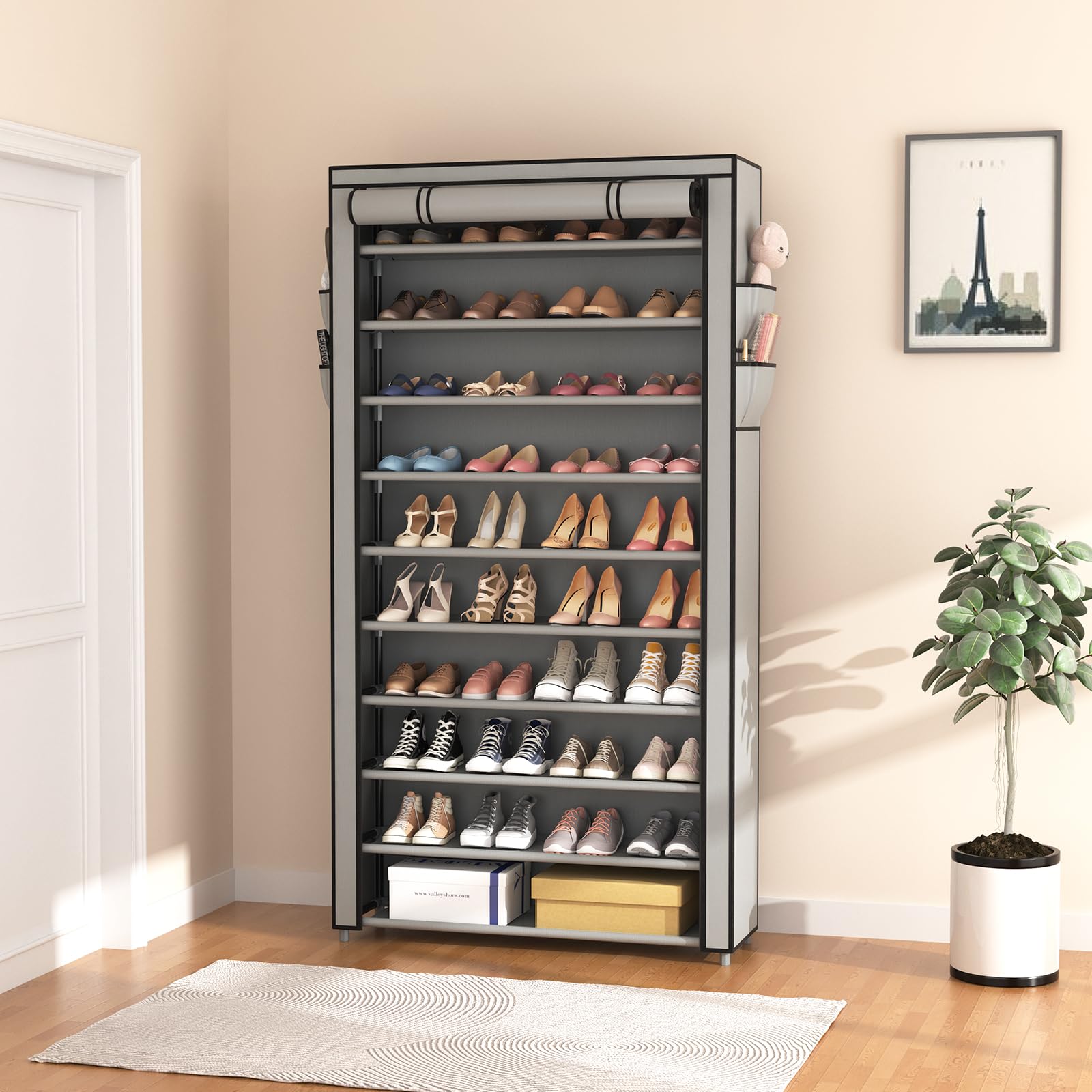 ROJASOP side profile in an entryway illustrating narrow depth saves floor space