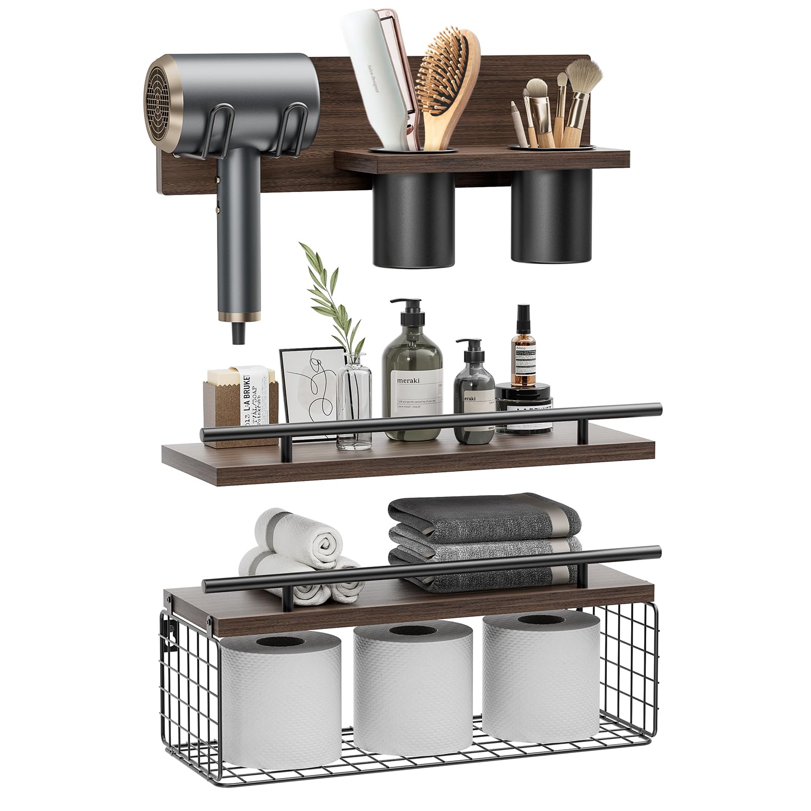 RoleDes front view of three rustic shelves showing storage and tidy display