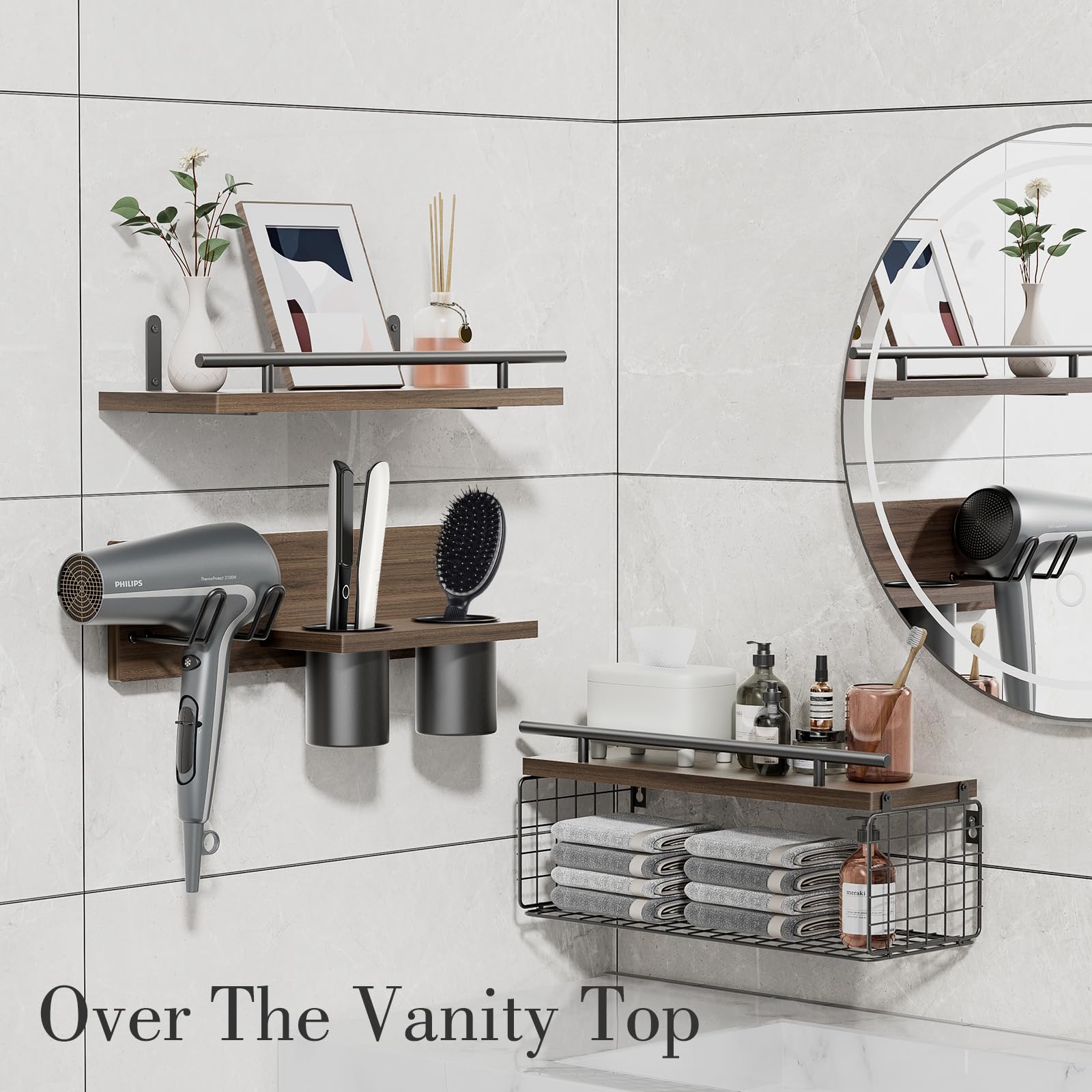 RoleDes shelves above toilet for scale and space-saving benefit