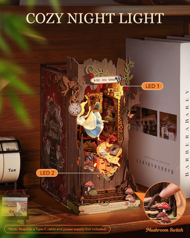 Rolife lit book nook with LED lighting highlighting scene depth