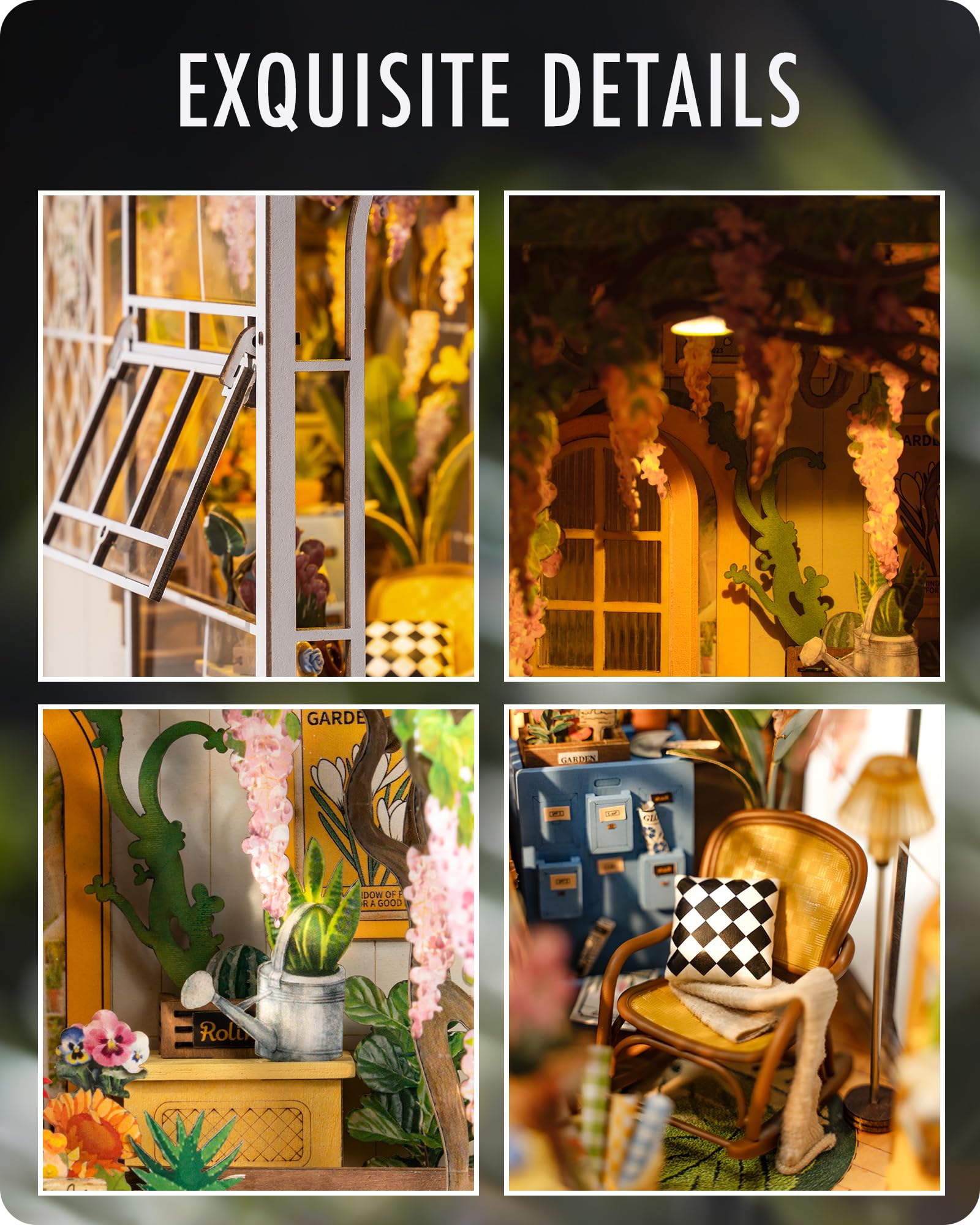 Rolife garden house accessories and decal sheets showing included decorative parts