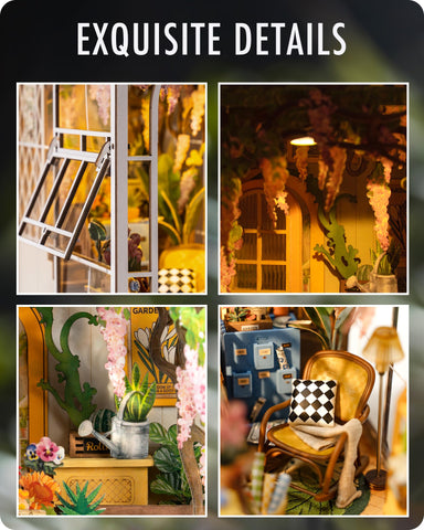 Rolife garden house accessories and decal sheets showing included decorative parts