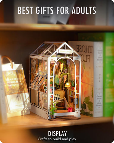Rolife garden house side profile of fully assembled book nook displaying depth