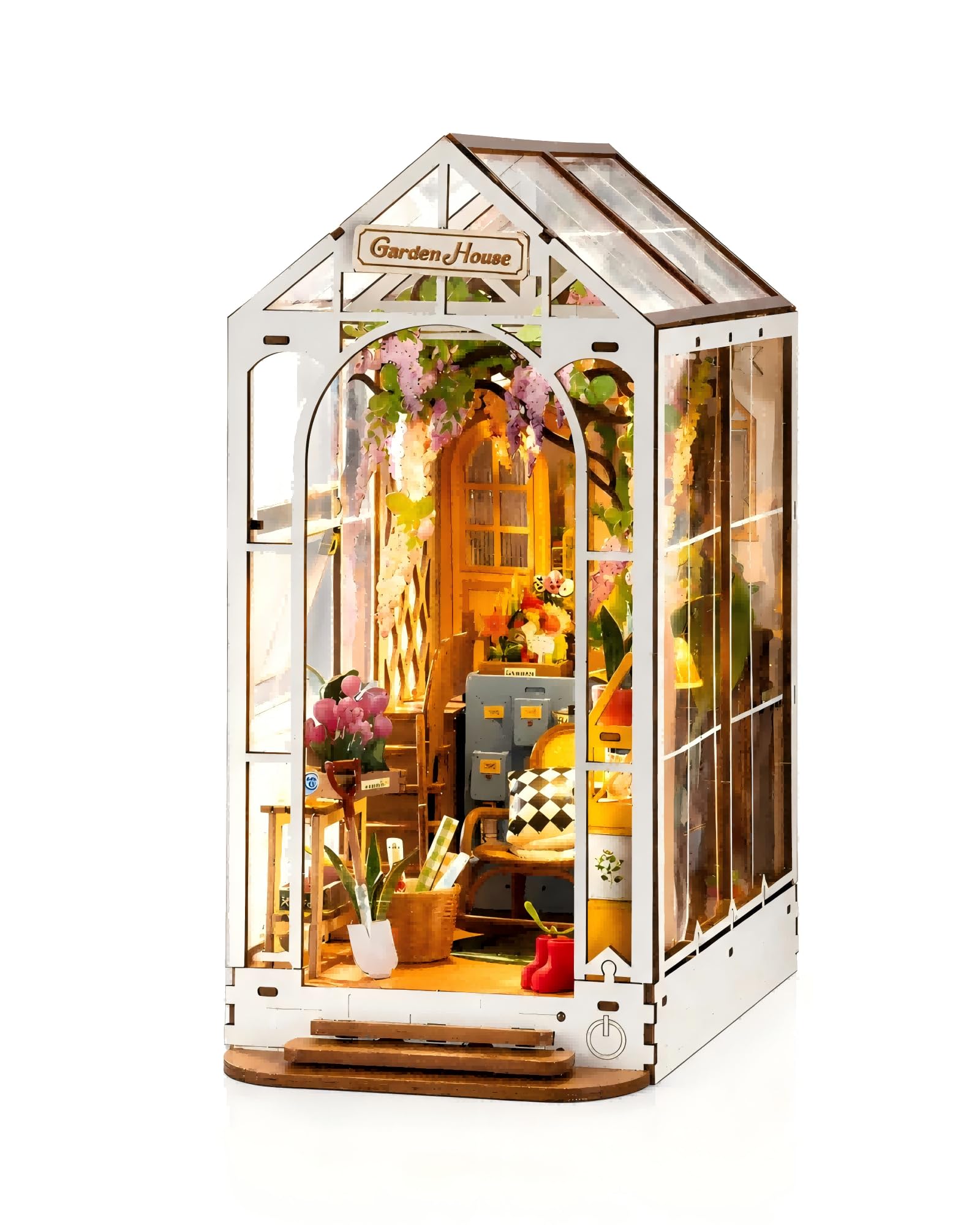 Rolife garden house front view showing charming miniature scene and shelf appeal