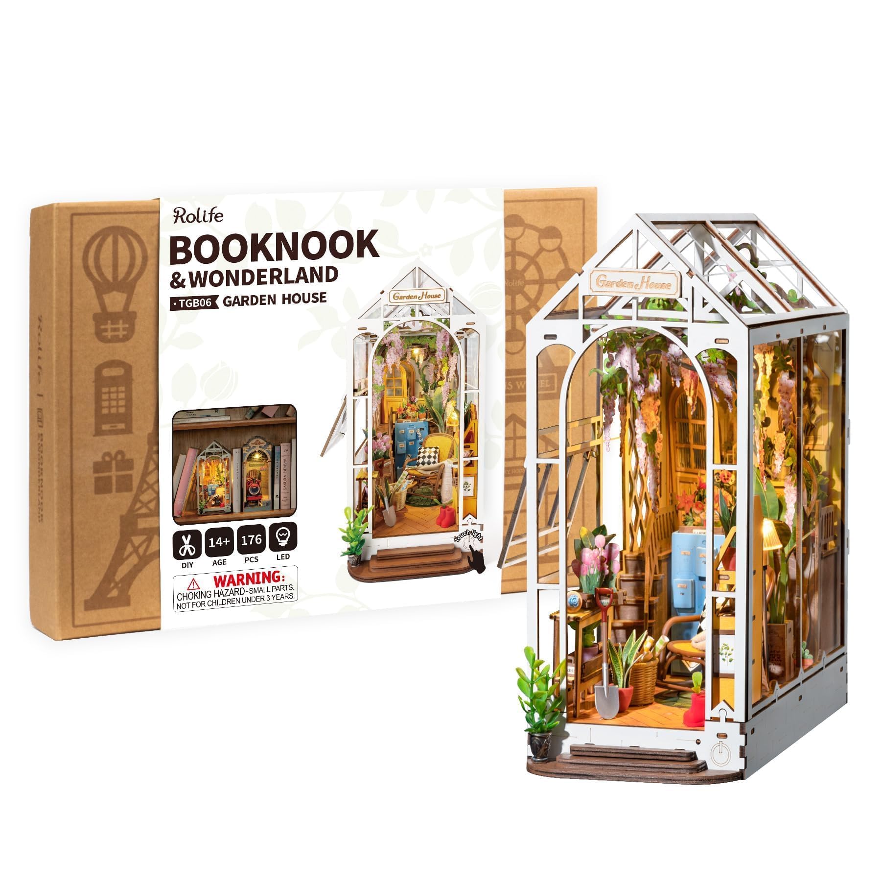Rolife garden house front view showing charming miniature facade and display benefit
