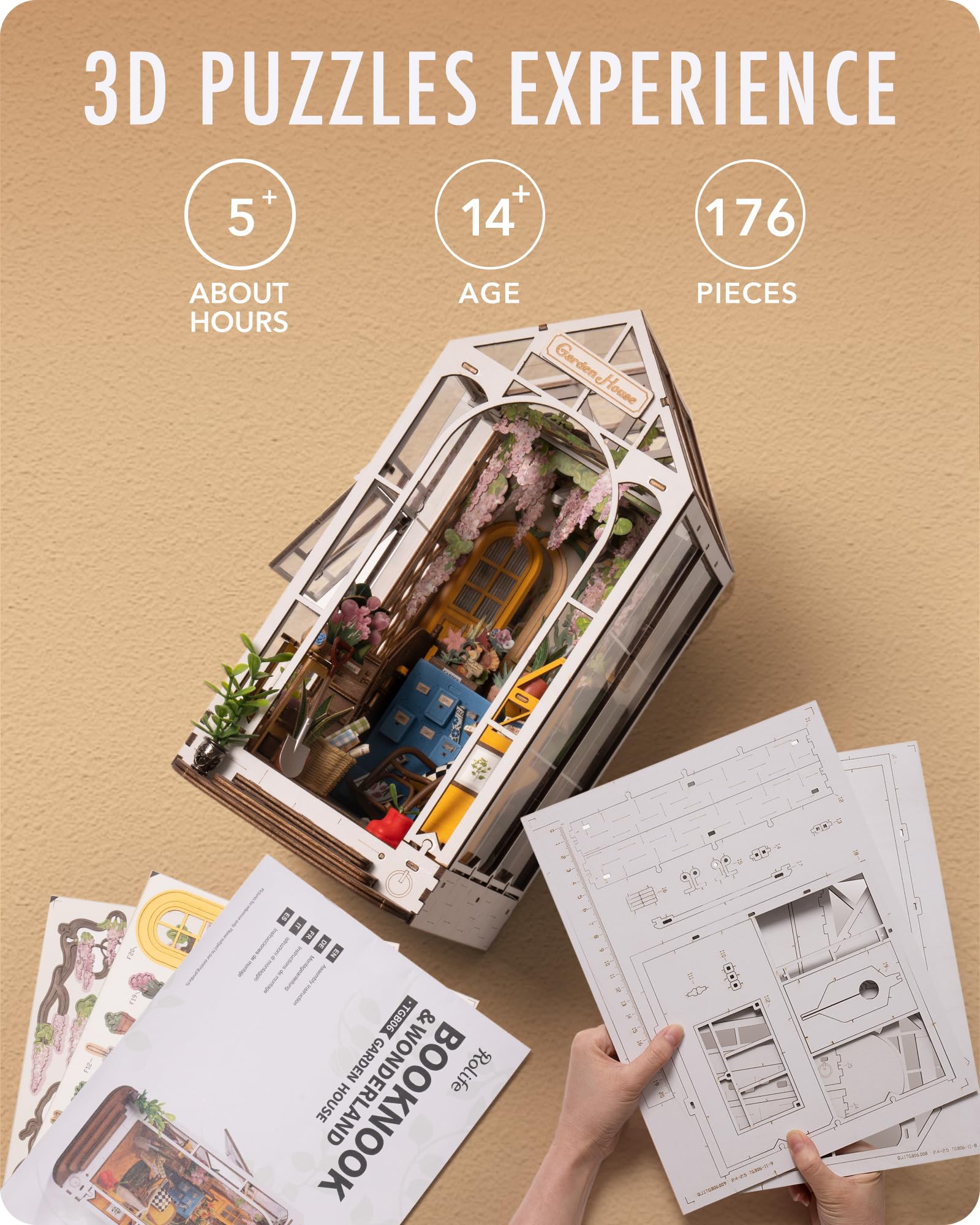 Rolife garden house hands assembling pieces demonstrating calming DIY enjoyment