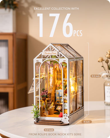 Rolife garden house interior close-up highlighting tiny furnishings and atmosphere